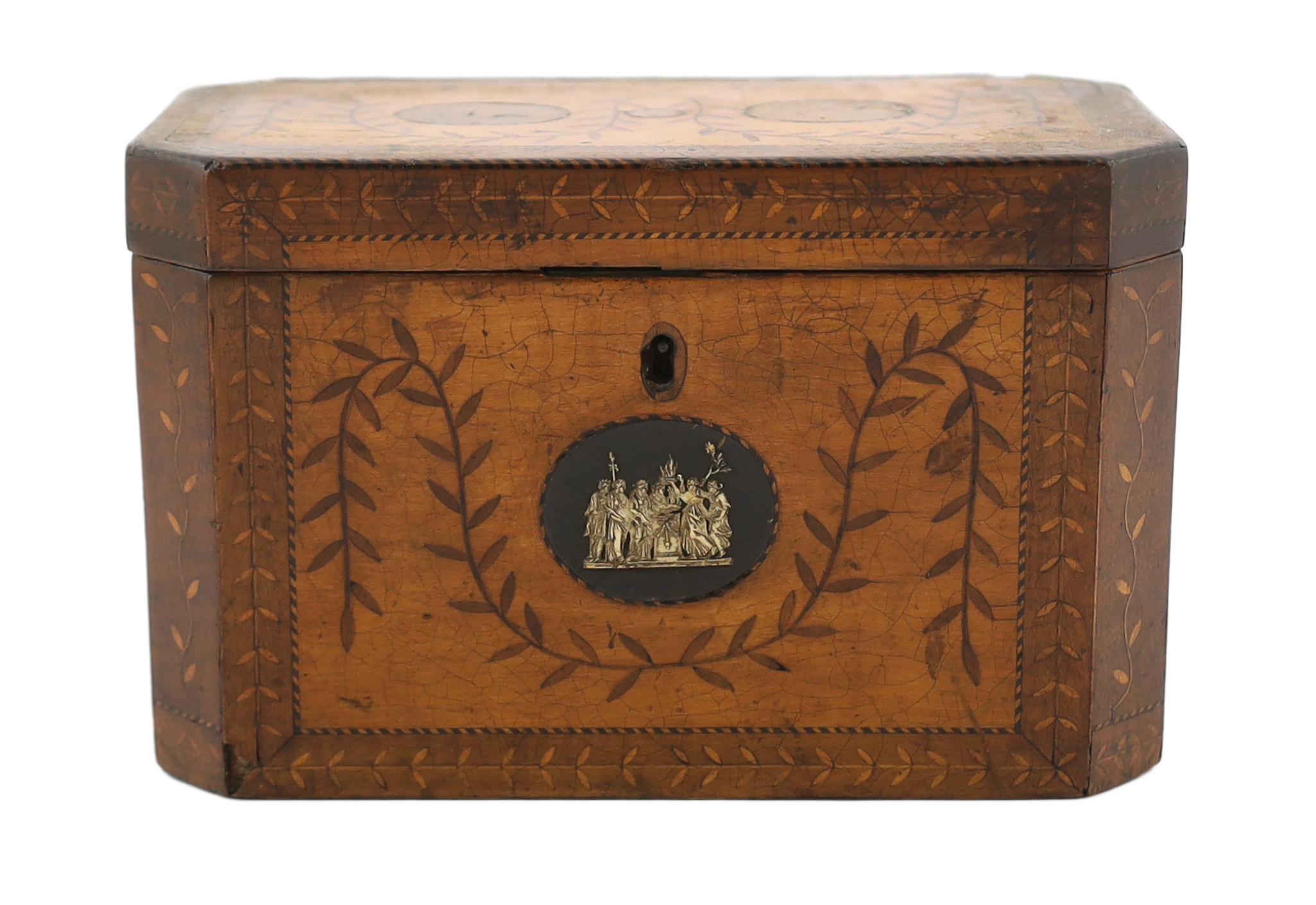 A George III Sheraton style marquetry inlaid satinwood tea caddy 20.5cm wide, 11.5cm deep, 13cm high